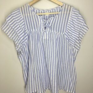 Gap Blue White Top Short Sleeve Blouse Ruffle XL